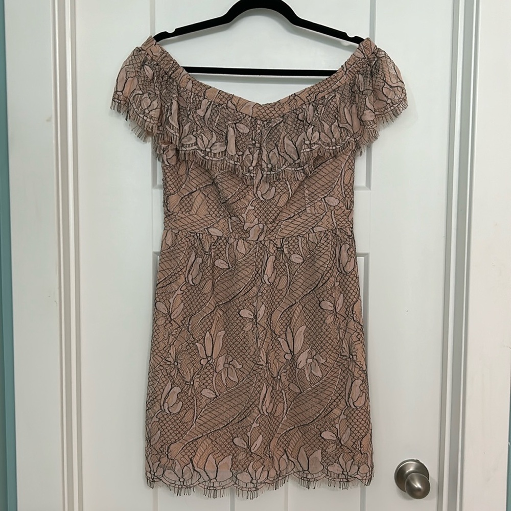 Pink & Black lacy mini, off-the-shoulder dress.